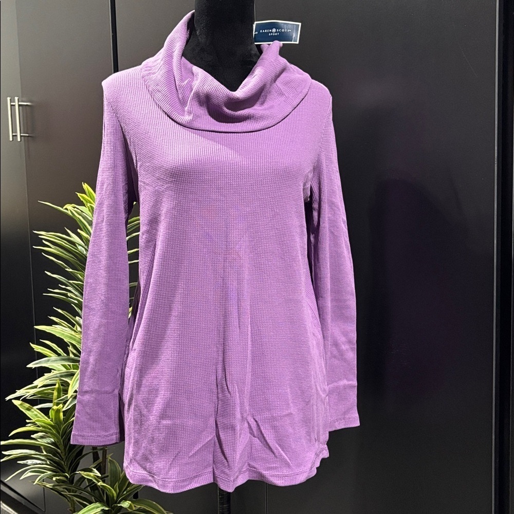 Karen Scott Waffle Knit,loose turtle neck,long sleeve,slit side,top,plum rosette